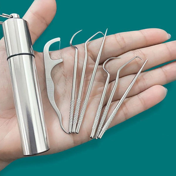 7-in-1 Portable Stainless Steel Toothpicks & Floss Set, with 2 Straight Toothpicks, 4 Elbow Toothpicks & 1 Floss, for Travel & Everyday Use